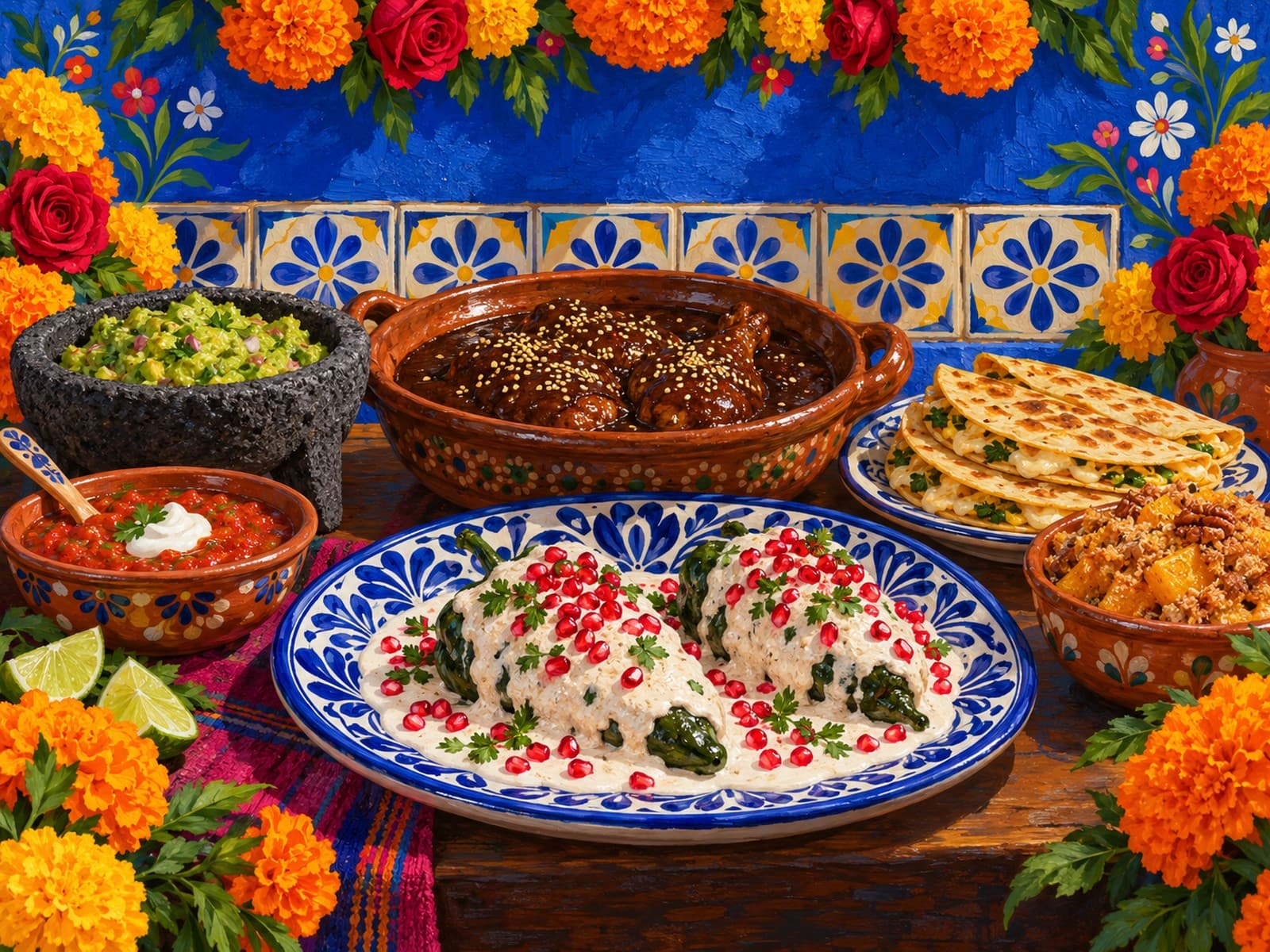 Chiles en nogada, Mole und Guacamole auf buntem Keramikgeschirr zwischen Blumen