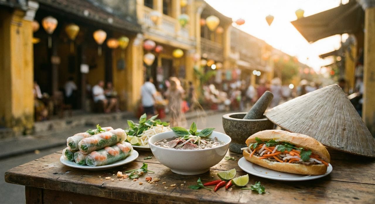 Sommerrollen, Pho und Bánh mì auf einem Holztisch an einer Straße