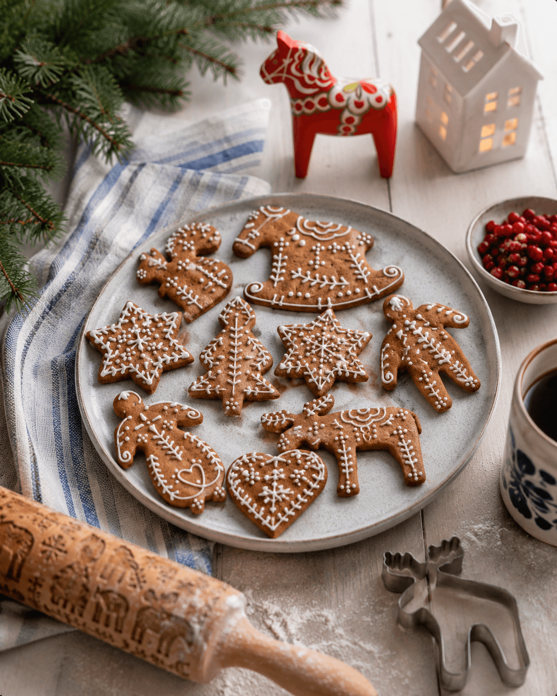 Verzierte nordische Lebkuchen auf einem Teller, daneben Nudelholz und Tannenzweig